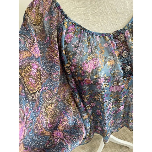 Copper Key Sheer Blouse Blue Purple Floral Flowy Shirt Sz M Kimono Sleeve - Picture 8 of 12